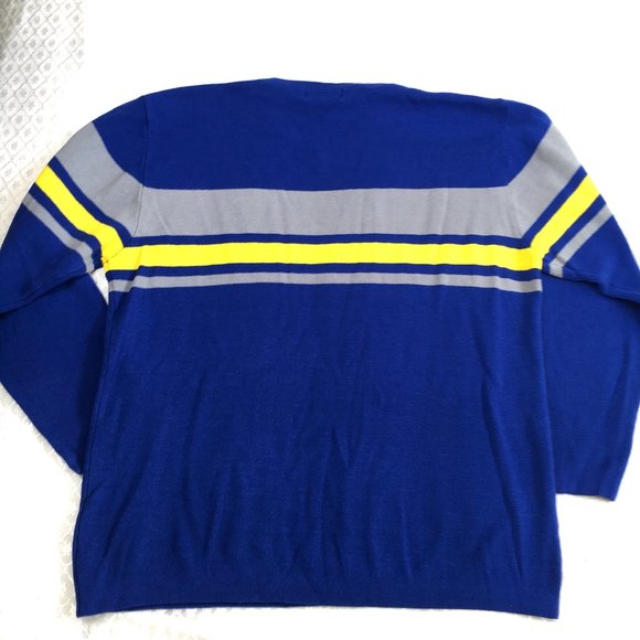 Badge Varsity V Neck Blue Yellow Long Sleeve Sweater - Picture 5 of 8